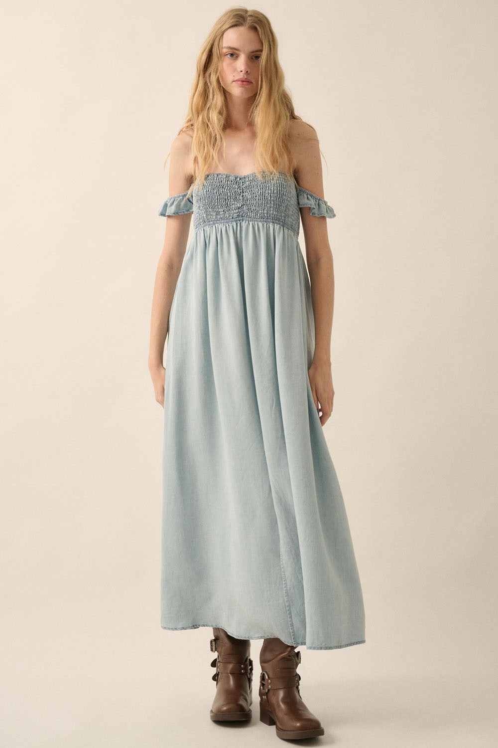 Light Chambray Smocked Denim Off-Shoulder Maxi Dress