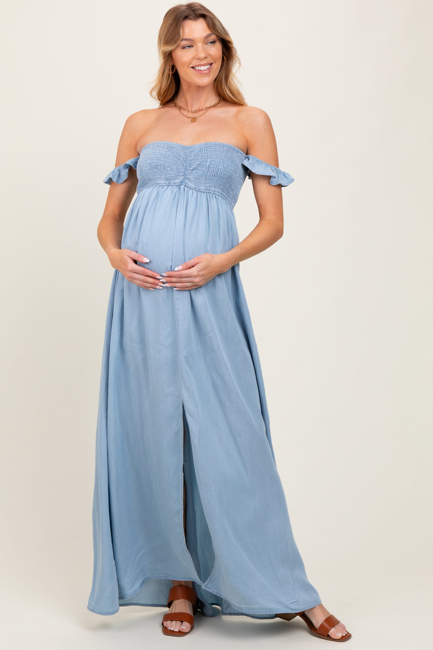 Light Chambray Smocked Denim Off-Shoulder Maternity Maxi Dress PinkBlush Light Chambray Smocked Denim Off-Shoulder Maternity Maxi Dress PinkBlush