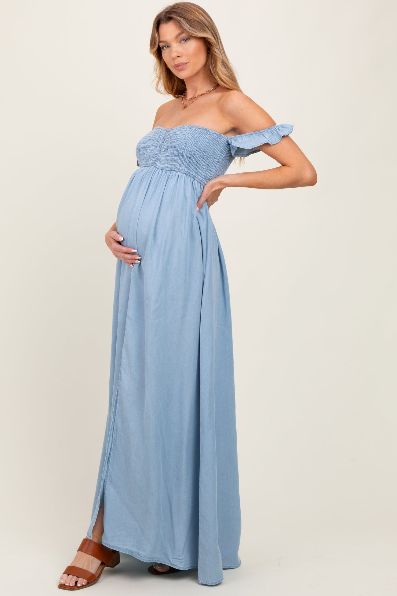 Light Chambray Smocked Denim Off-Shoulder Maternity Maxi Dress PinkBlush Light Chambray Smocked Denim Off-Shoulder Maternity Maxi Dress PinkBlush