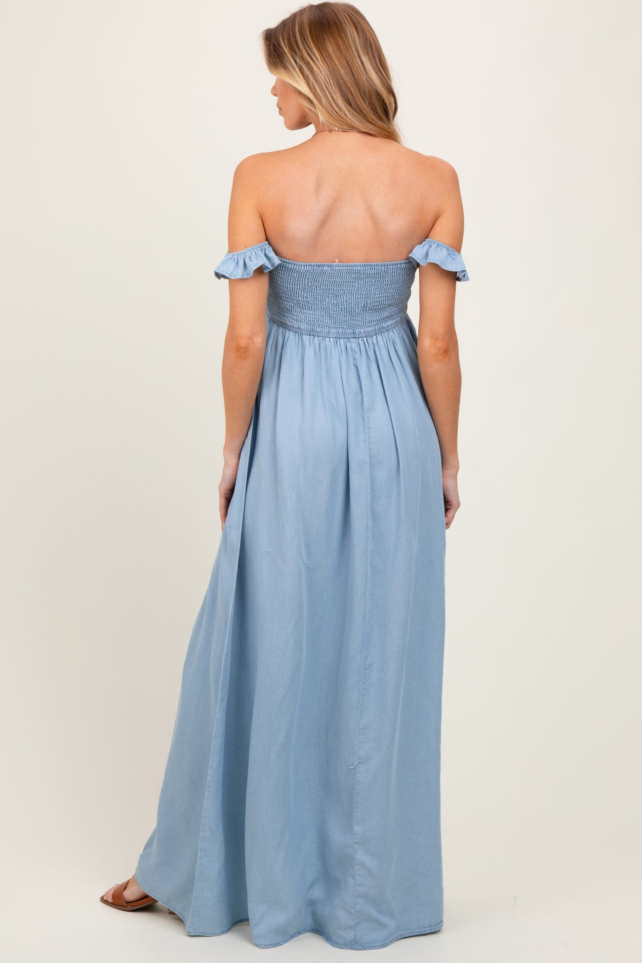 Light Chambray Smocked Denim Off-Shoulder Maternity Maxi Dress – PinkBlush