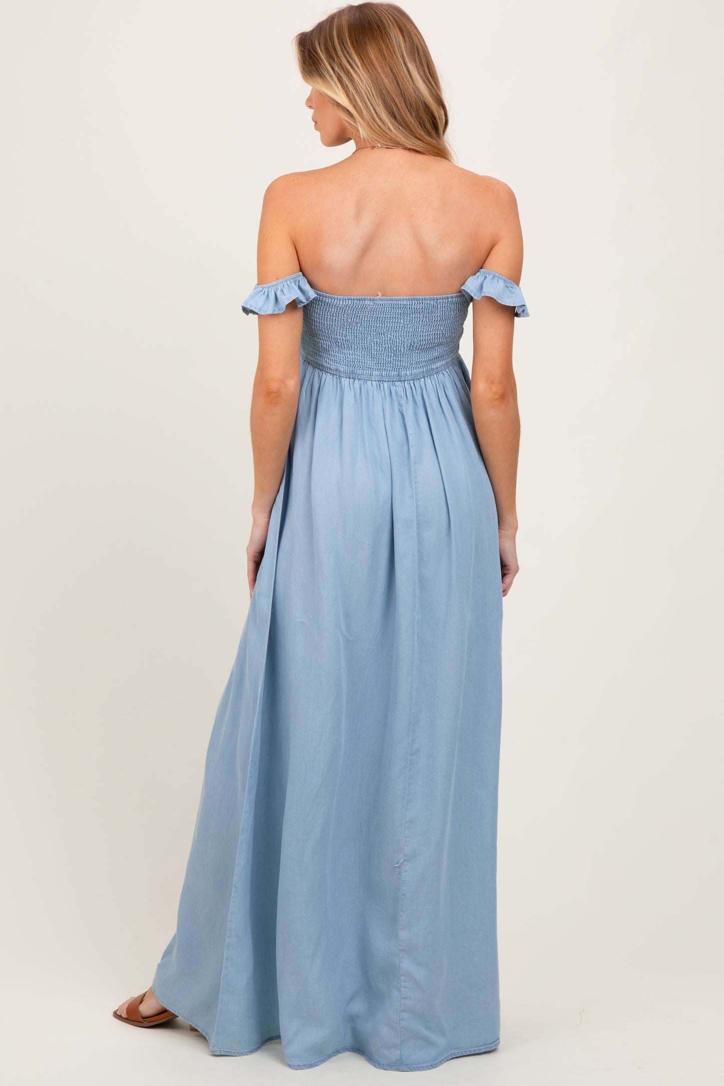 Light Chambray Smocked Denim Off-Shoulder Maternity Maxi Dress PinkBlush Light Chambray Smocked Denim Off-Shoulder Maternity Maxi Dress PinkBlush