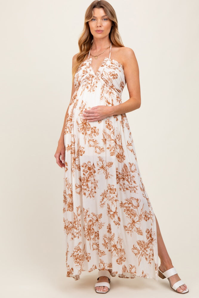 Taupe Floral Tie-Back Halter Maternity Maxi Dress