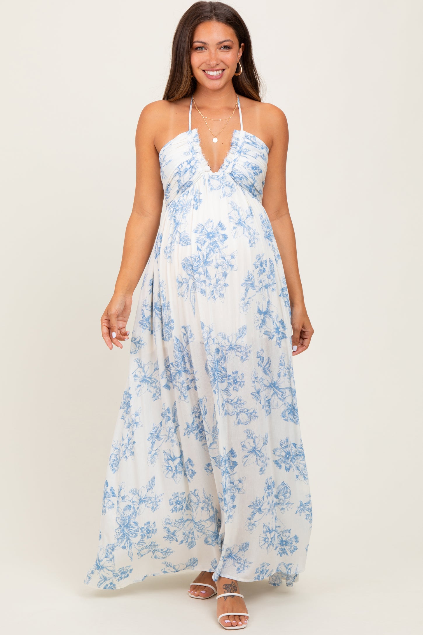 Light Blue Floral Tie-Back Halter Maternity Maxi Dress PinkBlush Light Blue Floral Tie-Back Halter Maternity Maxi Dress PinkBlush
