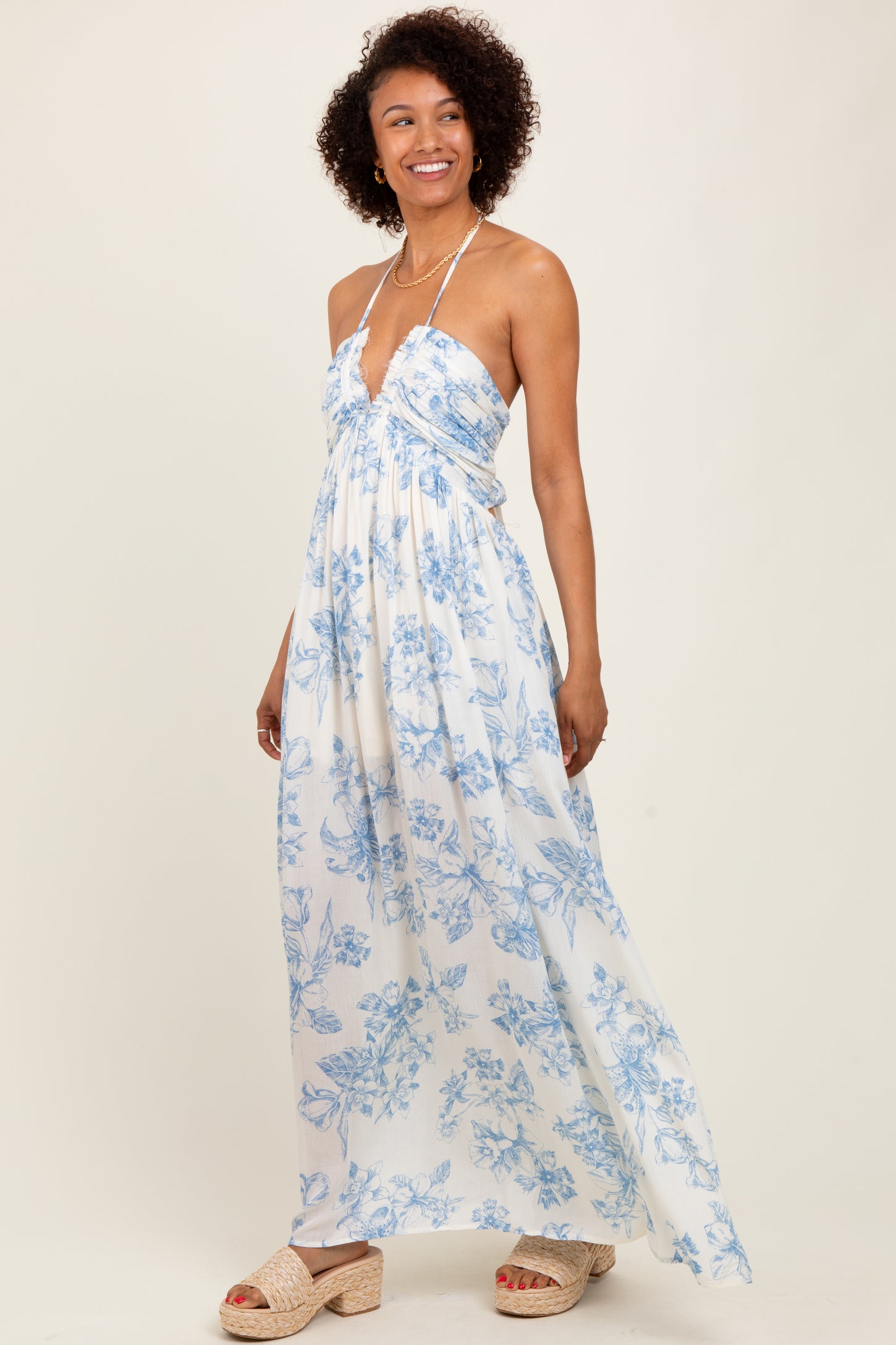 Light Blue Floral Tie-Back Halter Maxi Dress – PinkBlush