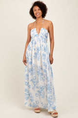 Light Blue Floral Tie-Back Halter Maxi Dress