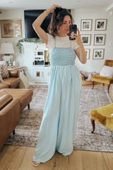 Light Blue Chambray Smocked Jumpsuit