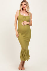 Light Olive Crochet Knit Front Tie Maternity Midi Dress