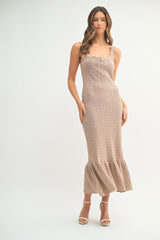 Light Taupe Crochet Knit Front Tie Maternity Midi Dress