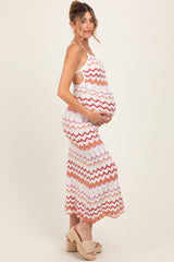 Salmon Pointelle Chevron Knit Open Back Maternity Midi Dress