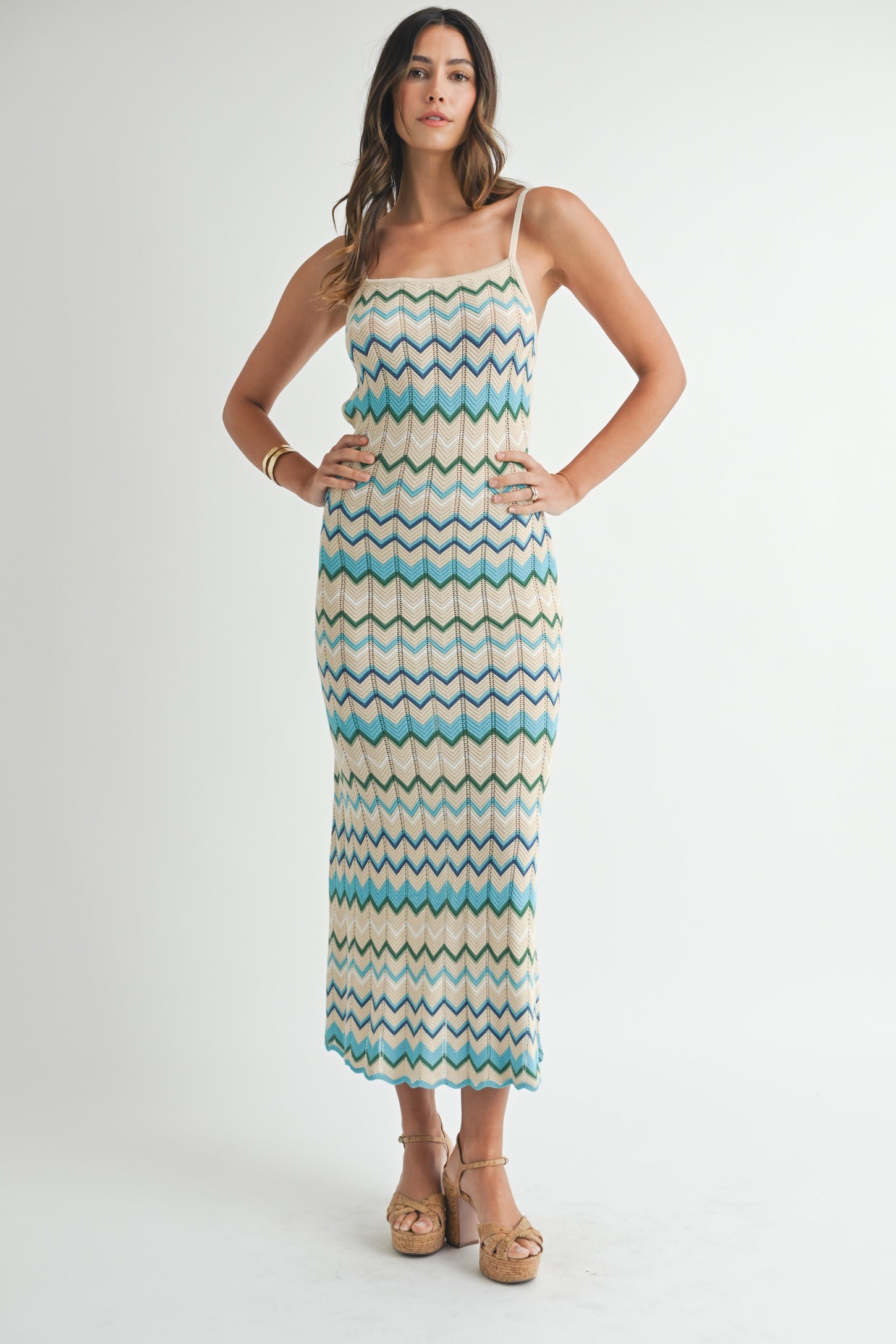 Aqua Pointelle Chevron Knit Open Back Midi Dress Aqua Pointelle Chevron Knit Open Back Midi Dress