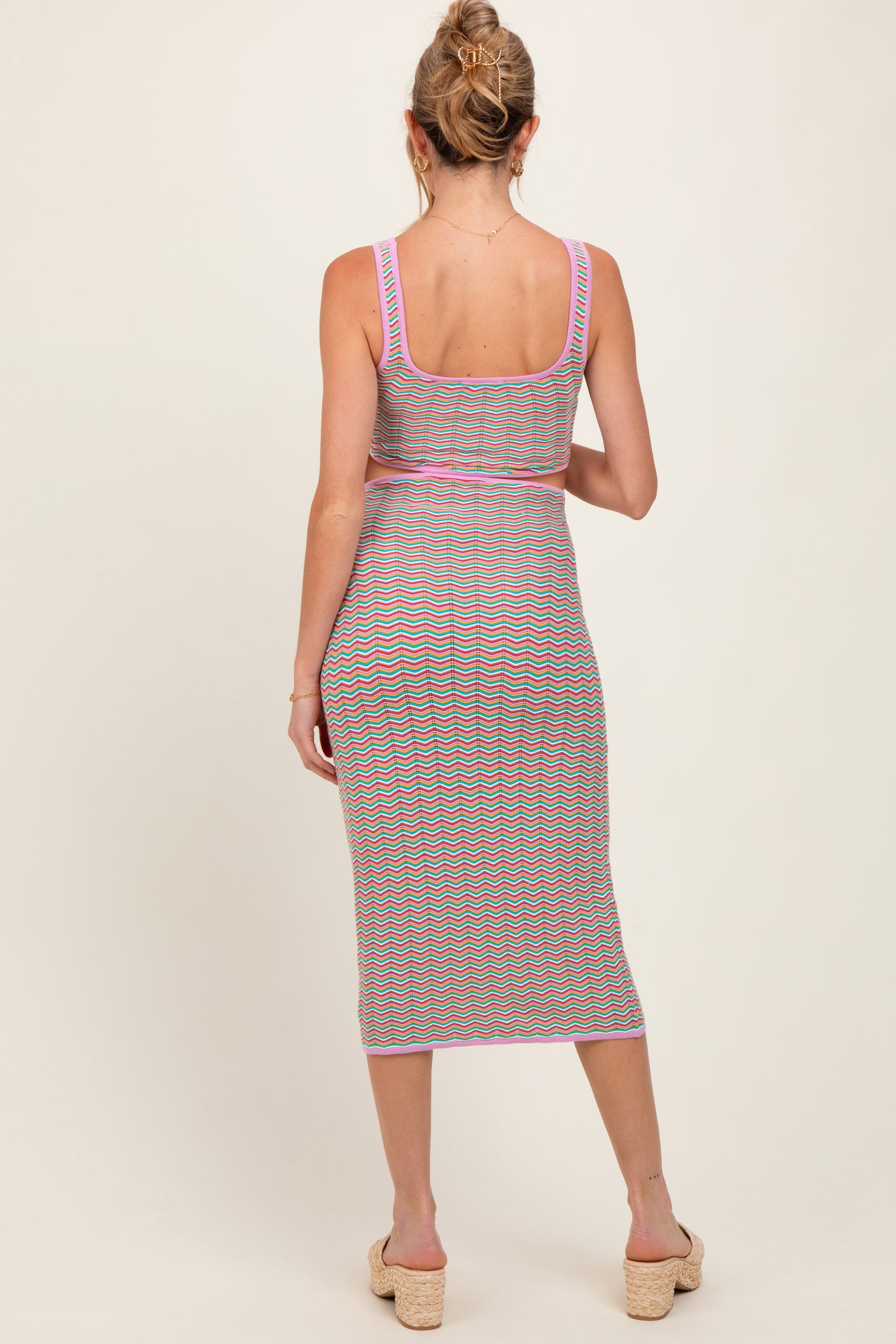 Pink Chevron Knit Cutout Maternity Midi Dress