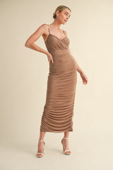 Mocha Mesh Ruched Fitted Midi Dress