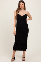 Black Mesh Ruched Fitted Maternity Midi Dress