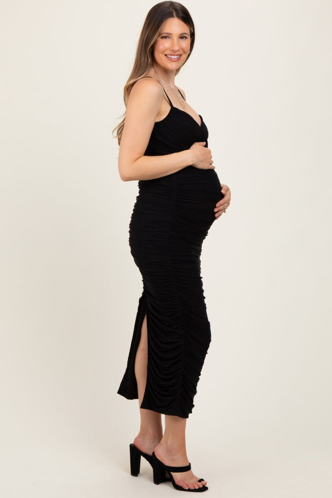 Black Mesh Ruched Fitted Maternity Midi Dress