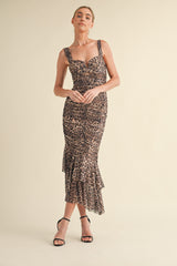 Mocha Animal Print Ruched Mermaid Midi Dress