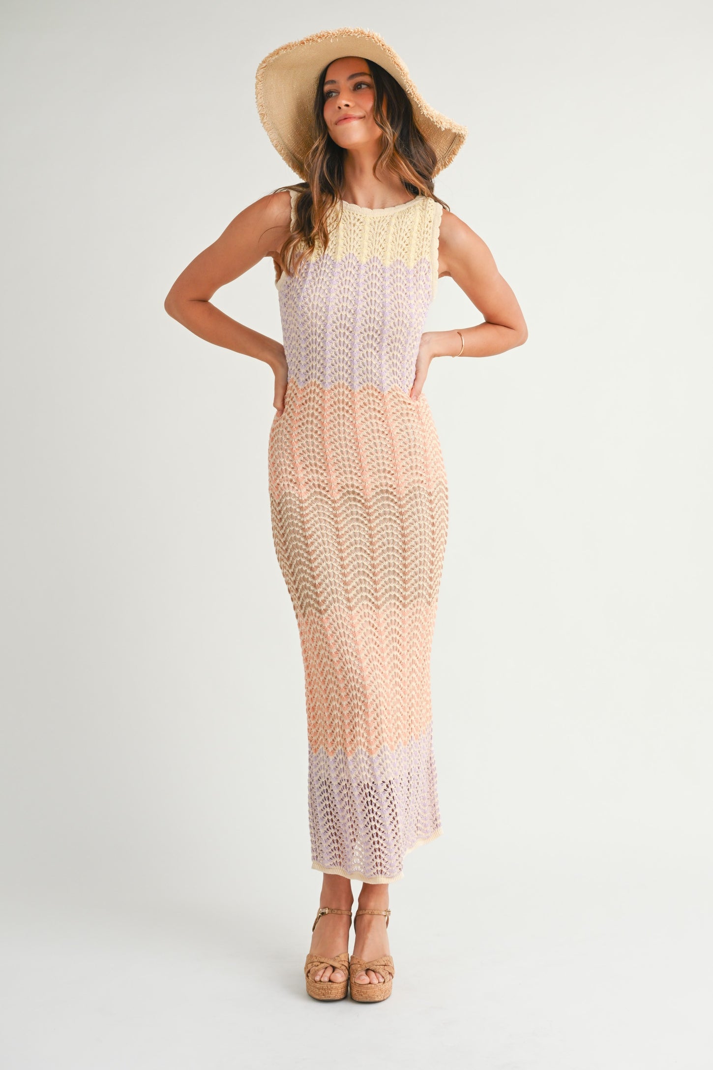 Peach Colorblock Crochet Knit Open Tie Back Maxi Dress Peach Colorblock Crochet Knit Open Tie Back Maxi Dress