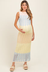 Yellow Colorblock Crochet Knit Open Tie Back Maternity Maxi Dress