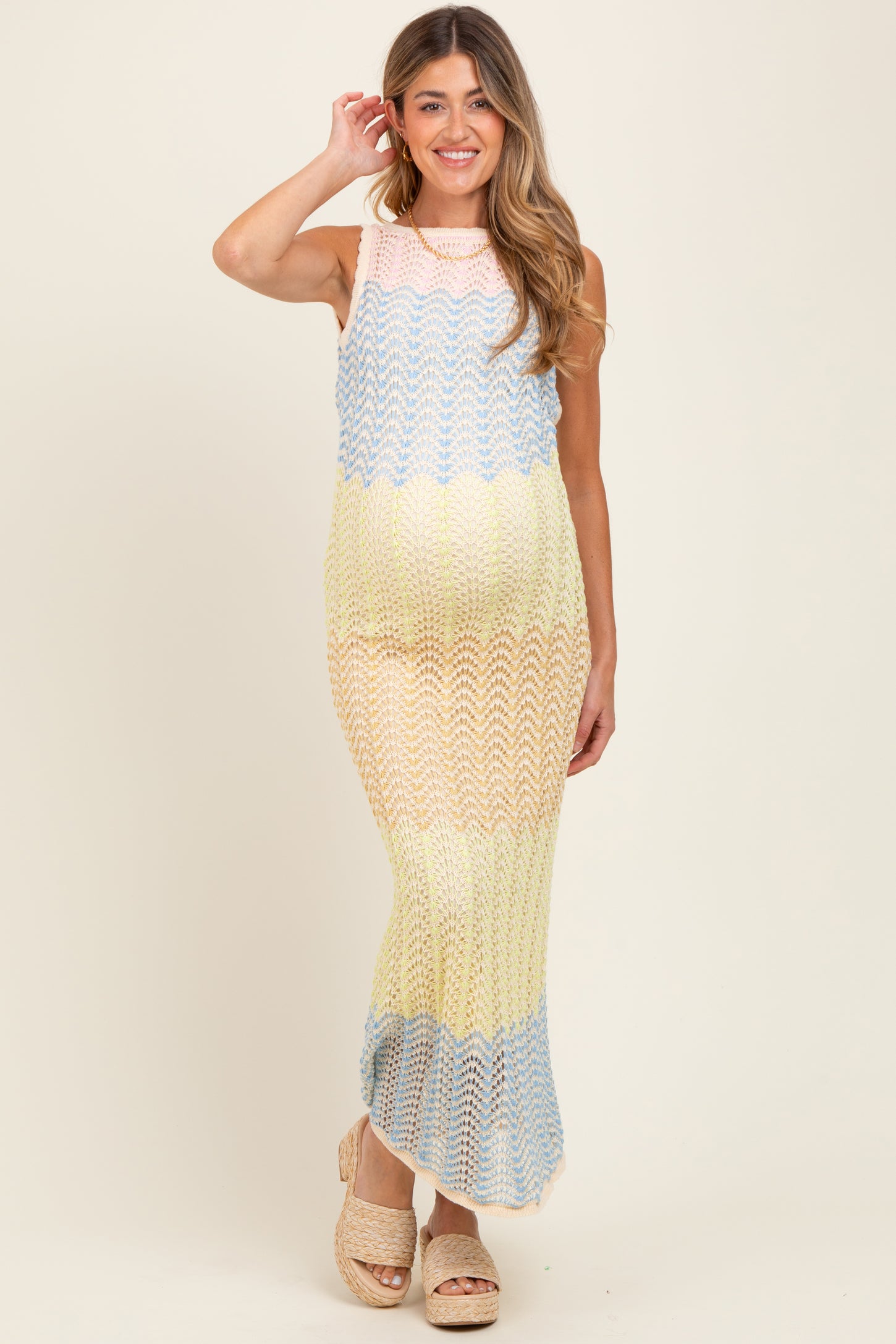 Yellow Colorblock Crochet Knit Open Tie Back Maternity Maxi Dress PinkBlush Yellow Colorblock Crochet Knit Open Tie Back Maternity Maxi Dress PinkBlush