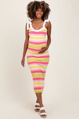 Pink Colorblock Stripe Shoulder Tie Maternity Midi Dress
