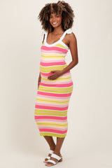 Pink Colorblock Stripe Shoulder Tie Maternity Midi Dress