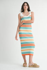 Light Teal Colorblock Stripe Shoulder Tie Midi Dress