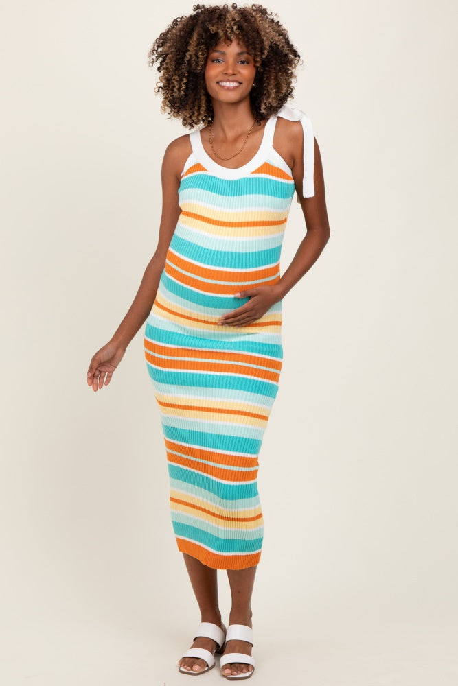 Light Teal Colorblock Stripe Shoulder Tie Maternity Midi Dress