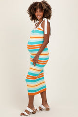 Light Teal Colorblock Stripe Shoulder Tie Maternity Midi Dress