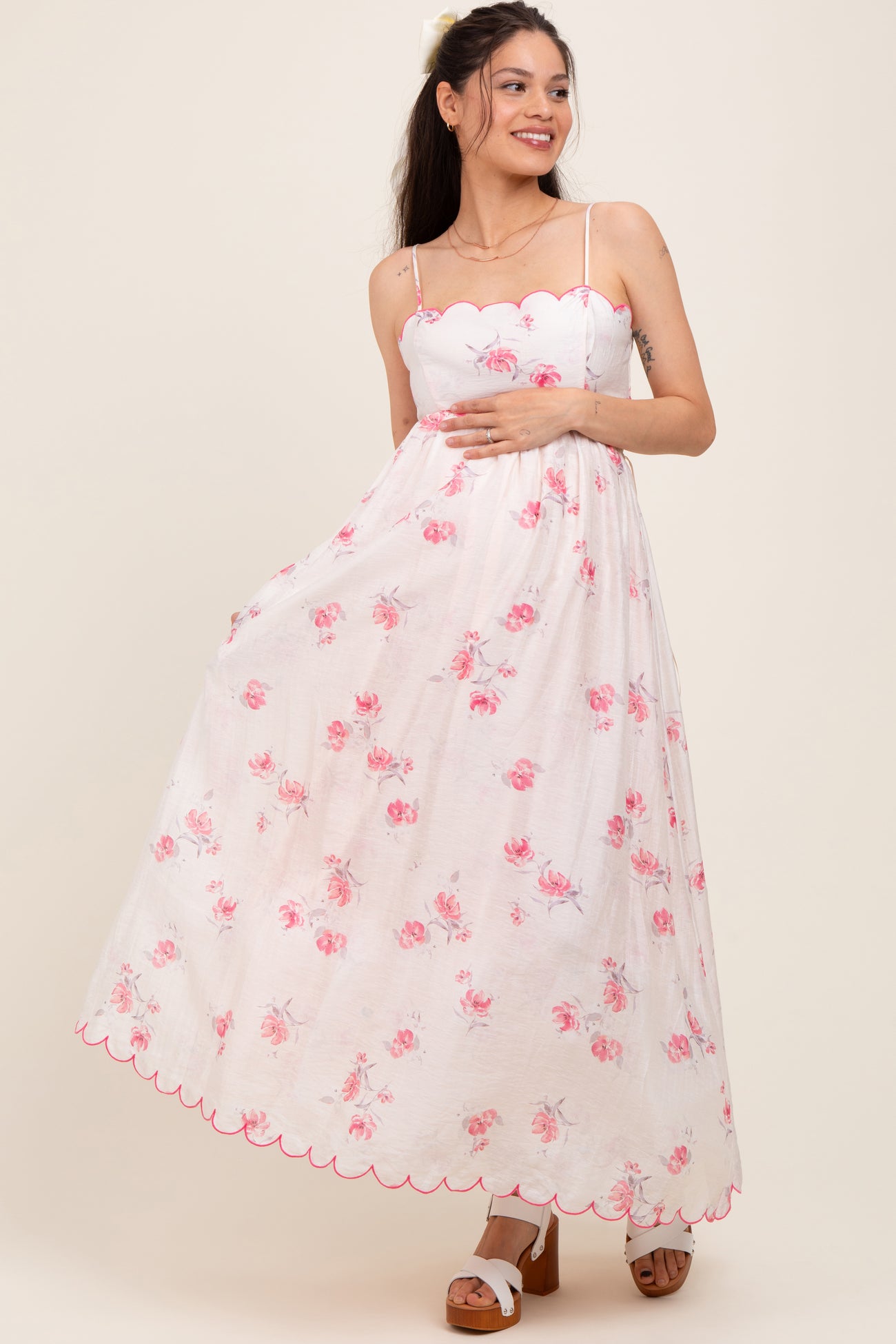 Pink Floral Scallop Edge Back Cutout Maternity Maxi Dress – PinkBlush