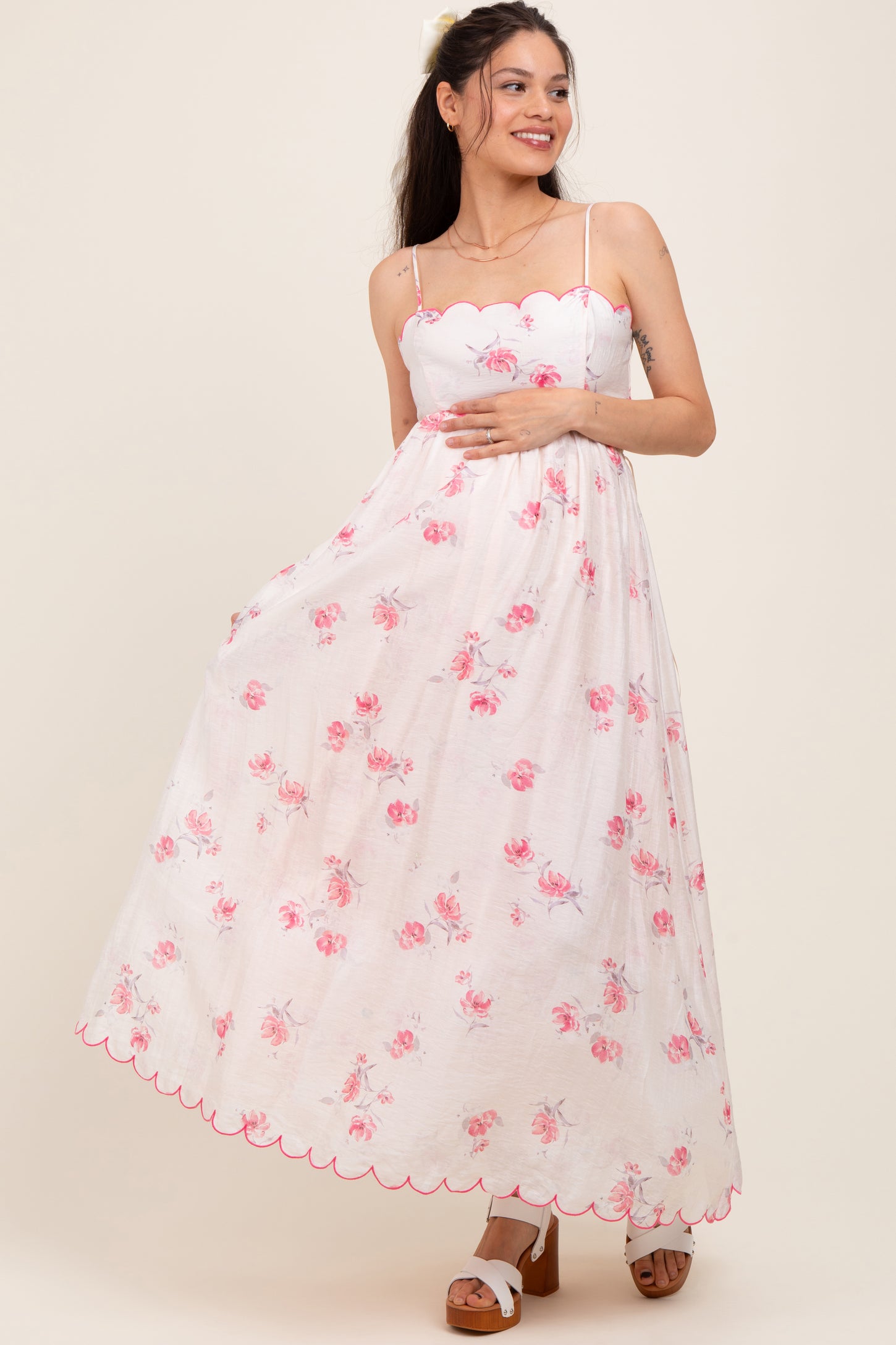 Pink Floral Scallop Edge Back Cutout Maternity Maxi Dress PinkBlush Pink Floral Scallop Edge Back Cutout Maternity Maxi Dress PinkBlush