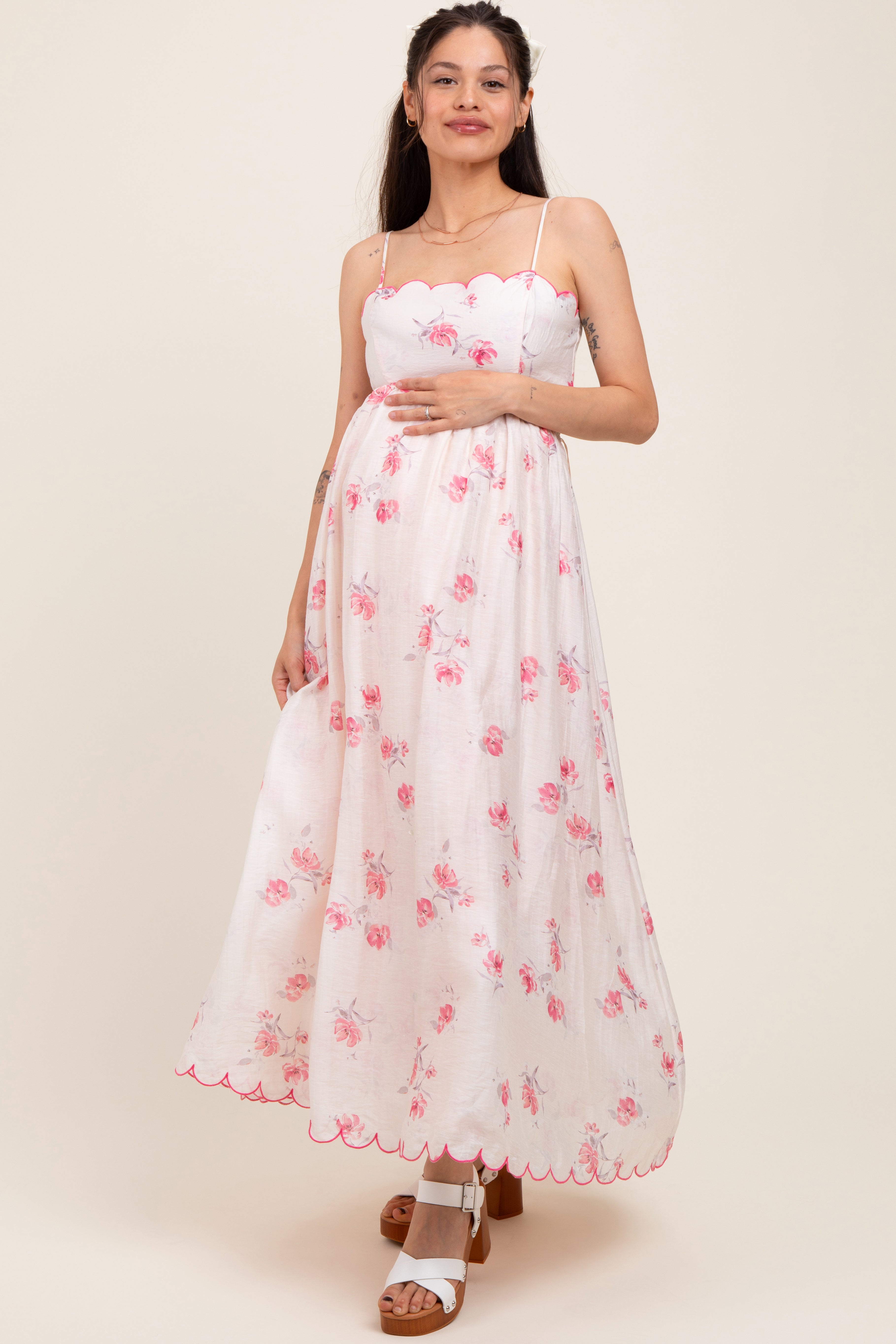 Pink Floral Scallop Edge Back Cutout Maternity Maxi Dress – PinkBlush