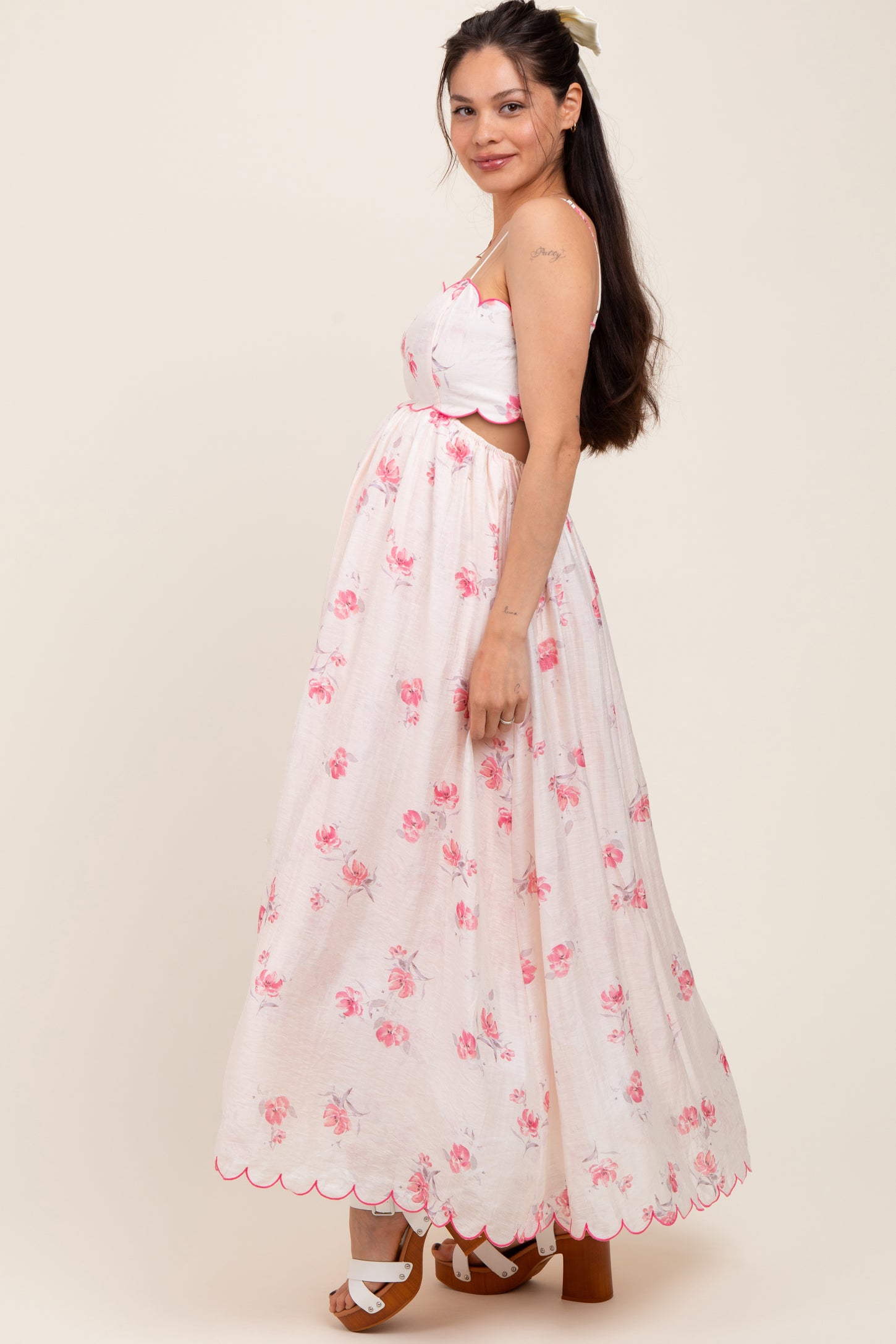 pink delicate forest maxi dress Pink Floral Scallop Edge Back Cutout Maternity Maxi Dress – PinkBlush