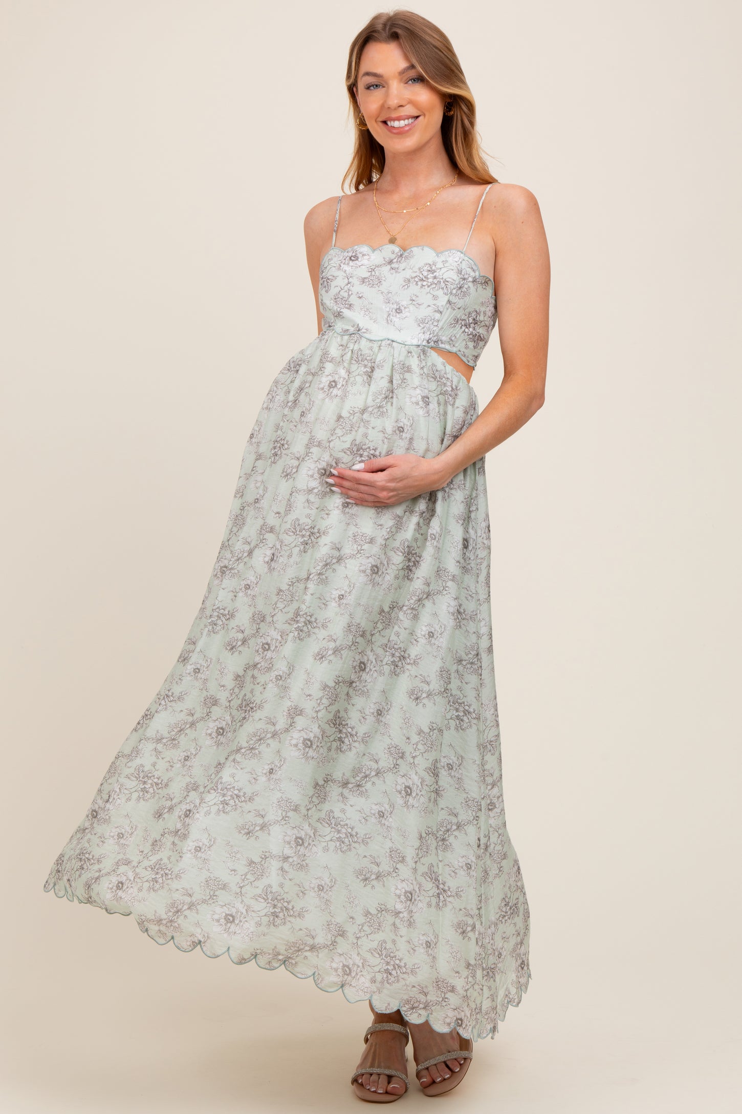 Light Sage Floral Scallop Edge Back Cutout Maternity Maxi Dress