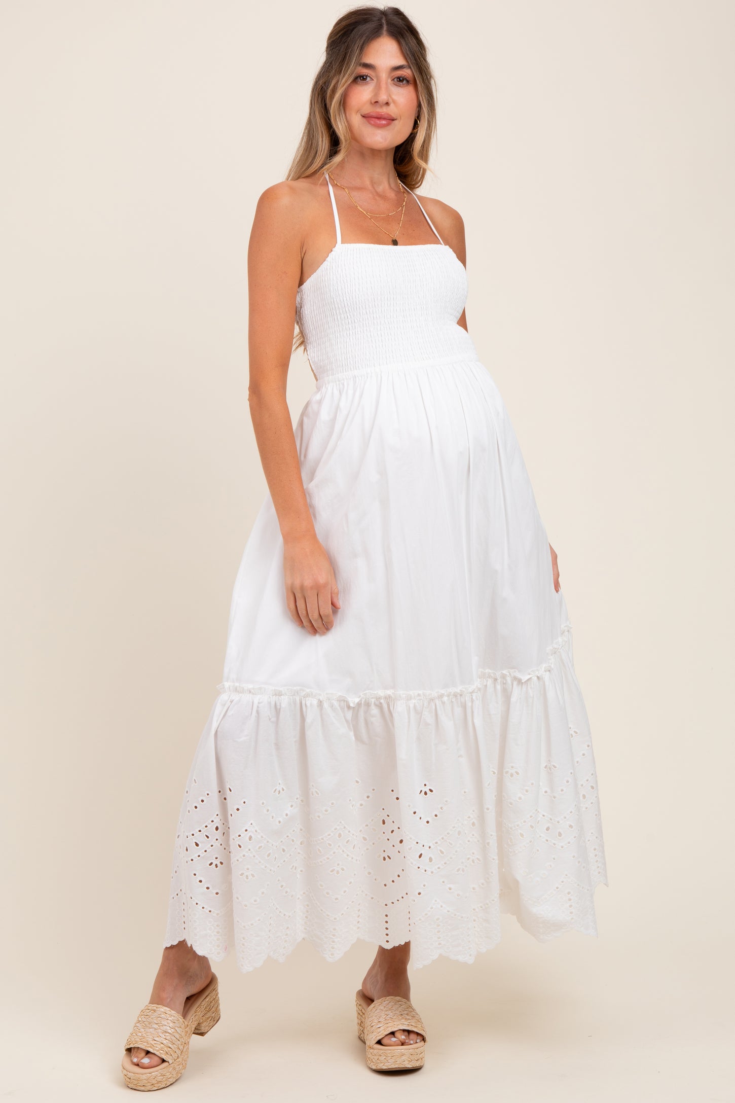 White Smocked Open Back Lace Hem Maternity Maxi Dress