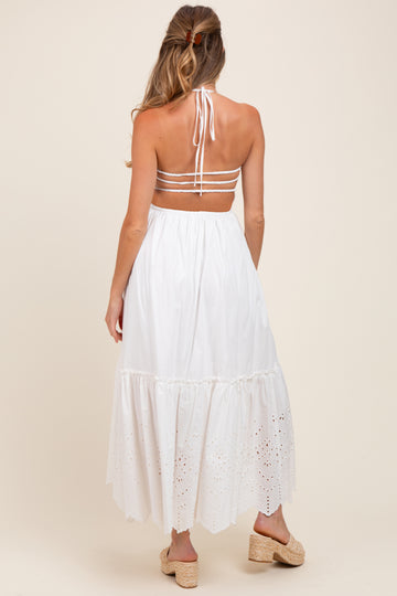 White Smocked Open Back Lace Hem Maternity Maxi Dress