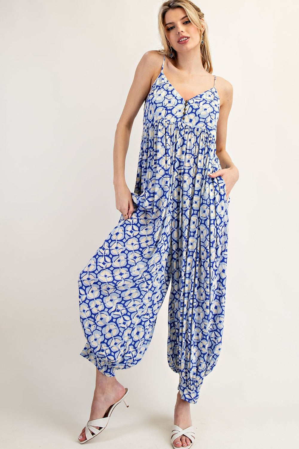 Royal Blue Printed Button Detail Maternity Jumpsuit