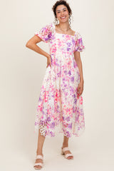Purple Tie Dye Lace Puff Sleeve Midi Dress
