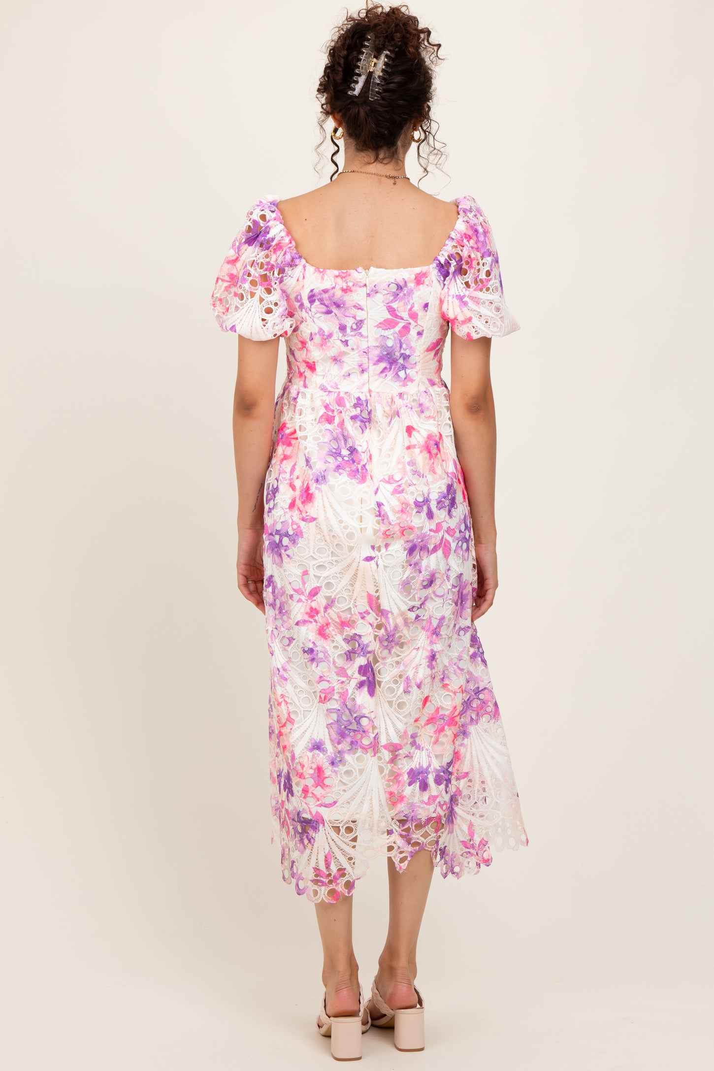 Purple Tie Dye Lace Puff Sleeve Midi Dress