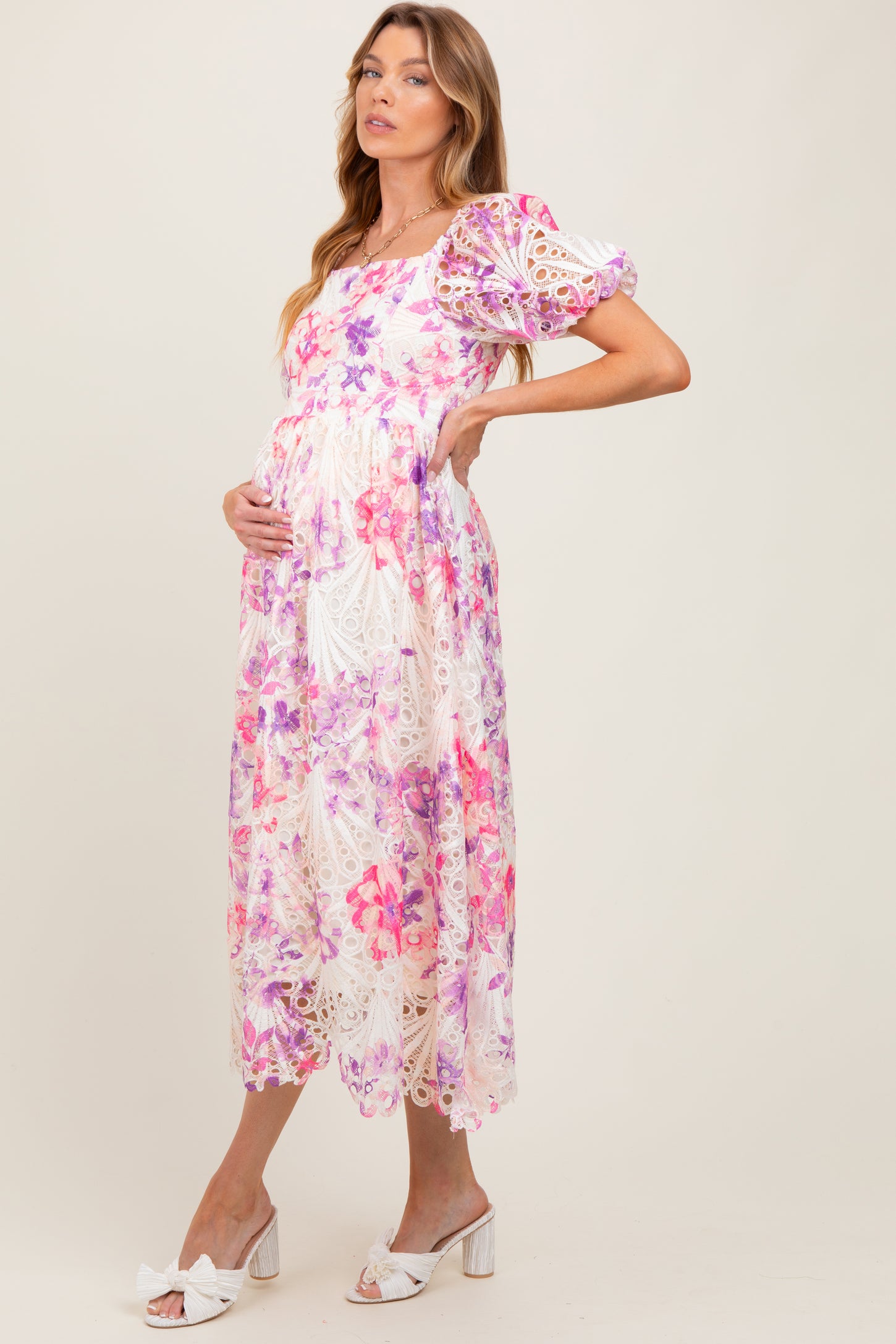 Purple Tie Dye Lace Puff Sleeve Maternity Midi Dress