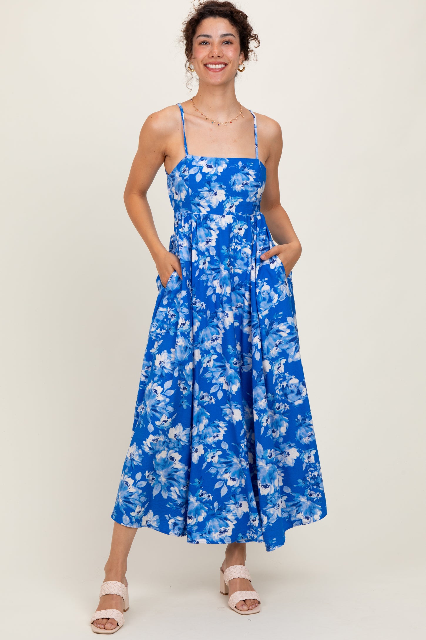 blue floral cutout dress Royal Blue Floral Tie Back Cutout Midi Dress PinkBlush