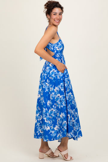 Royal Blue Floral Tie Back Cutout Midi Dress