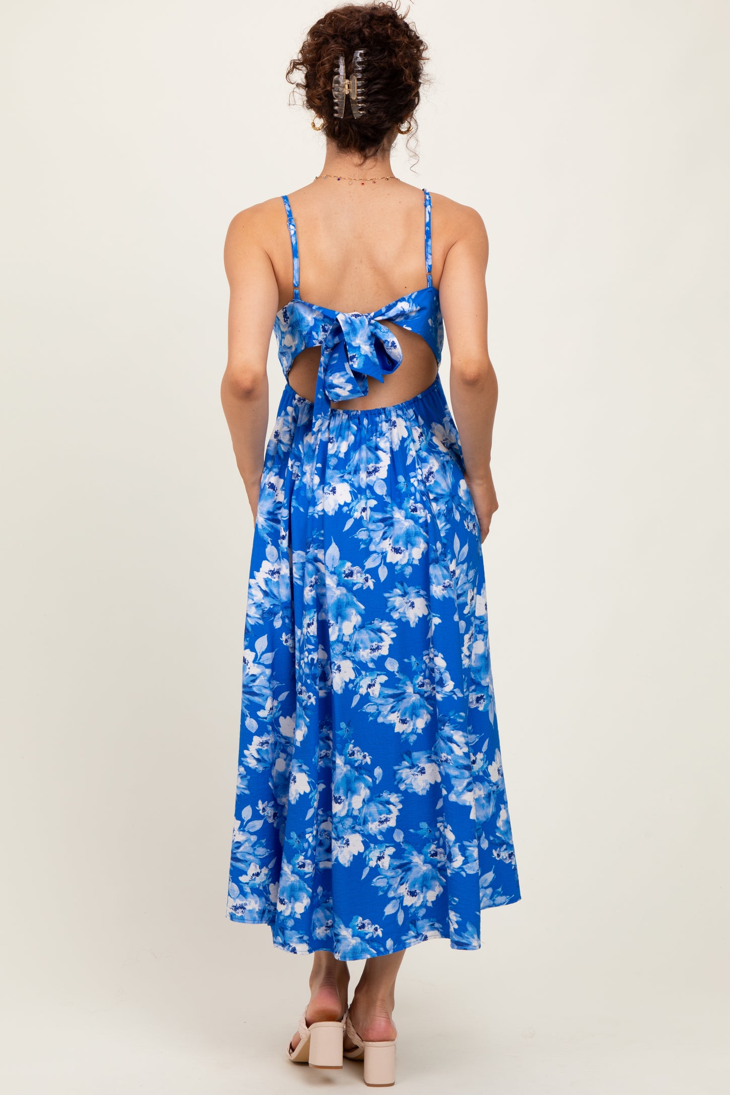 Royal Blue Floral Tie Back Cutout Midi Dress