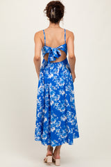 Royal Blue Floral Tie Back Cutout Midi Dress