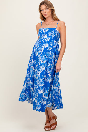 Royal Blue Floral Tie Back Cutout Maternity Midi Dress
