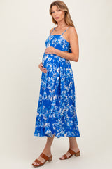Royal Blue Floral Tie Back Cutout Maternity Midi Dress