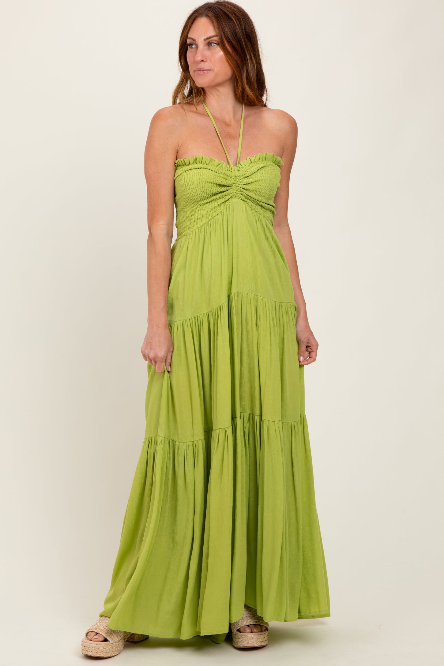 Lime Smocked Halter Tiered Maxi Dress Lime Smocked Halter Tiered Maxi Dress