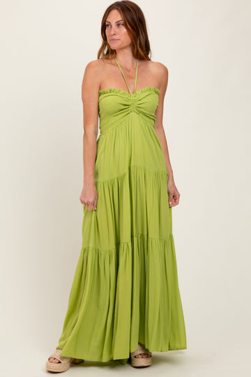 Lime Smocked Halter Tiered Maxi Dress