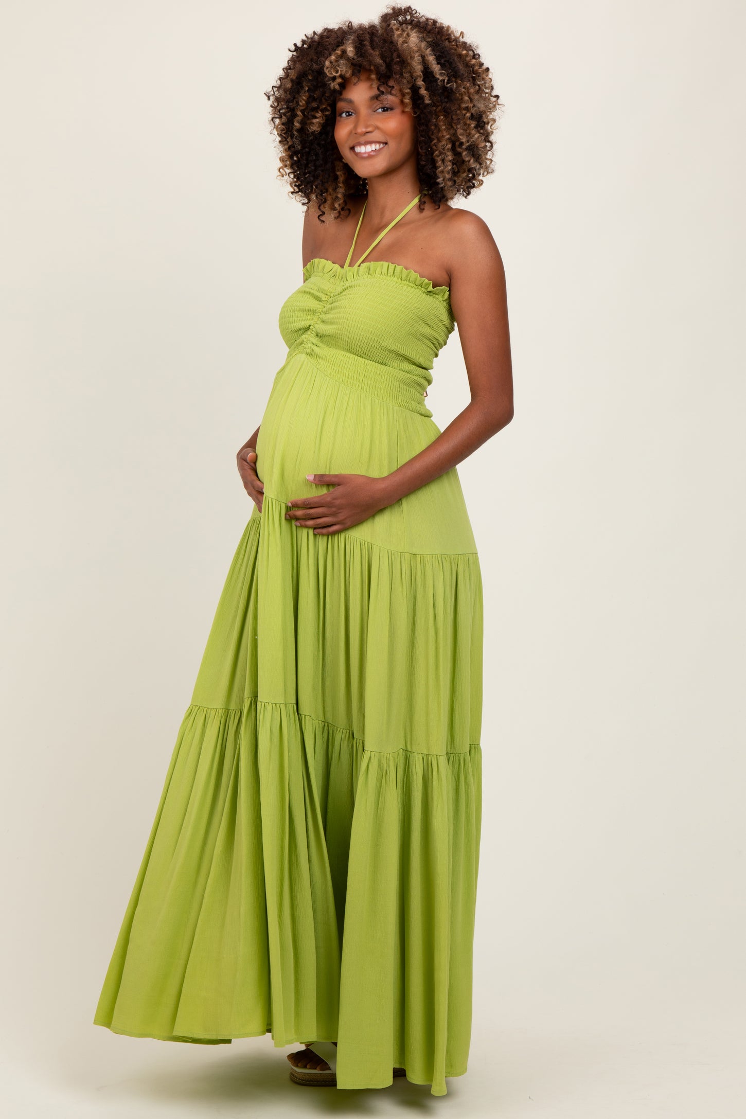 Lime Smocked Halter Tiered Maternity Maxi Dress PinkBlush Lime Smocked Halter Tiered Maternity Maxi Dress PinkBlush