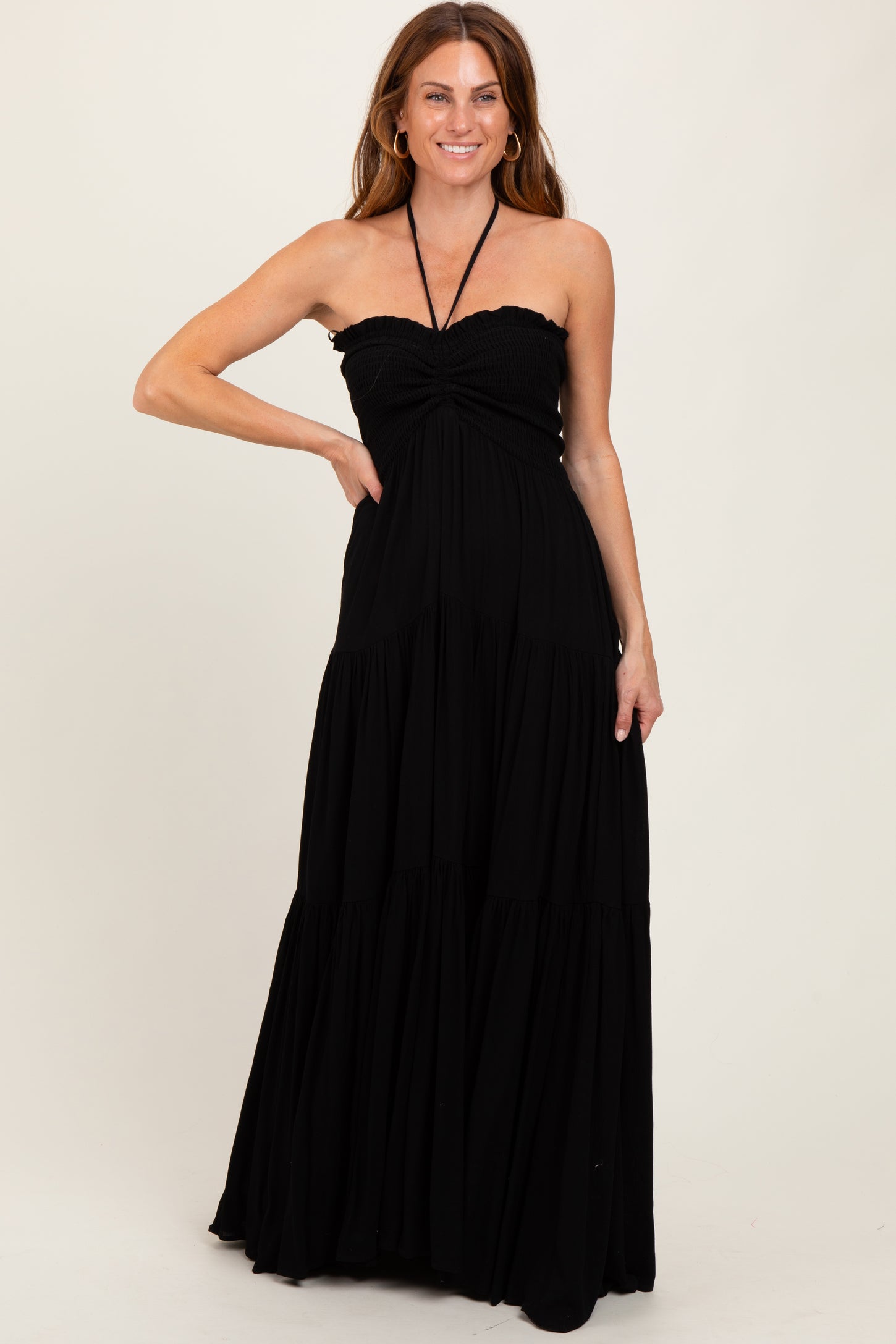 Black Smocked Halter Tiered Maxi Dress