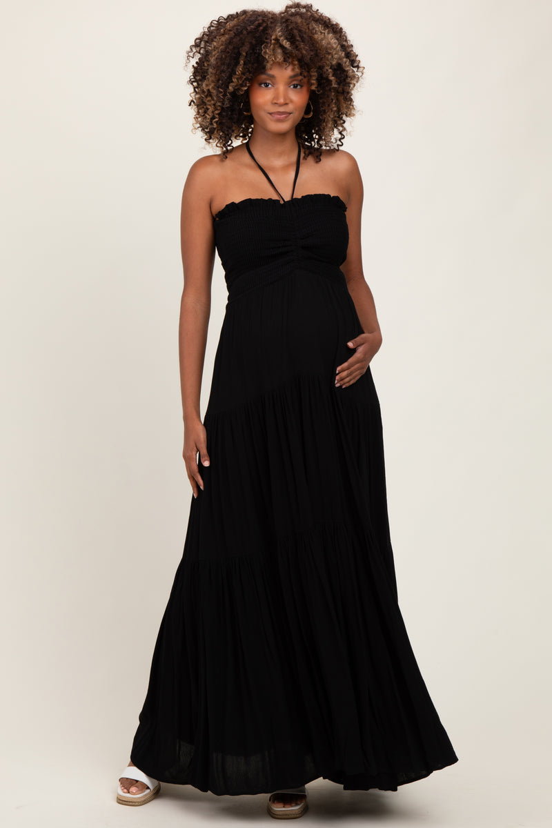 Black Smocked Halter Tiered Maternity Maxi Dress – PinkBlush