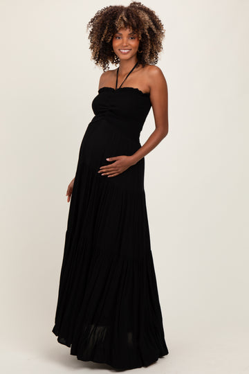 Black Smocked Halter Tiered Maternity Maxi Dress